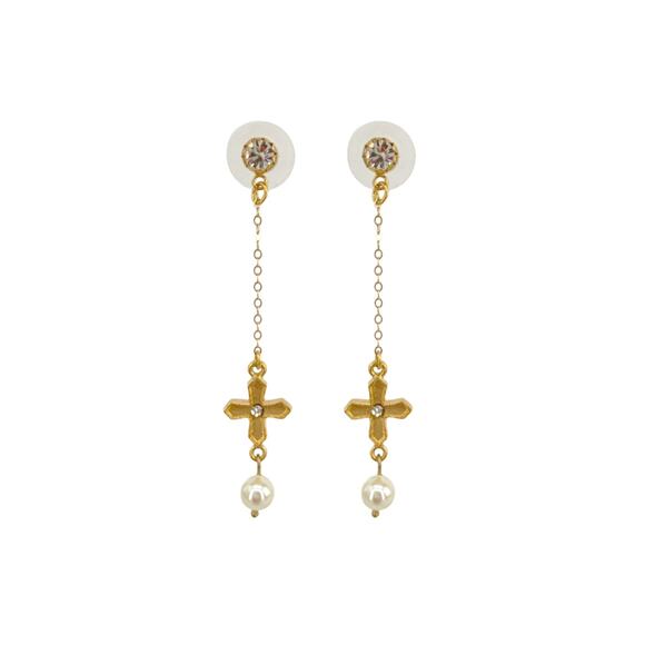 VIRGINS SAINTS & ANGELS VSA Peace Cross Pearl Drop Post Earrings in Gold - Picture 4 of 8